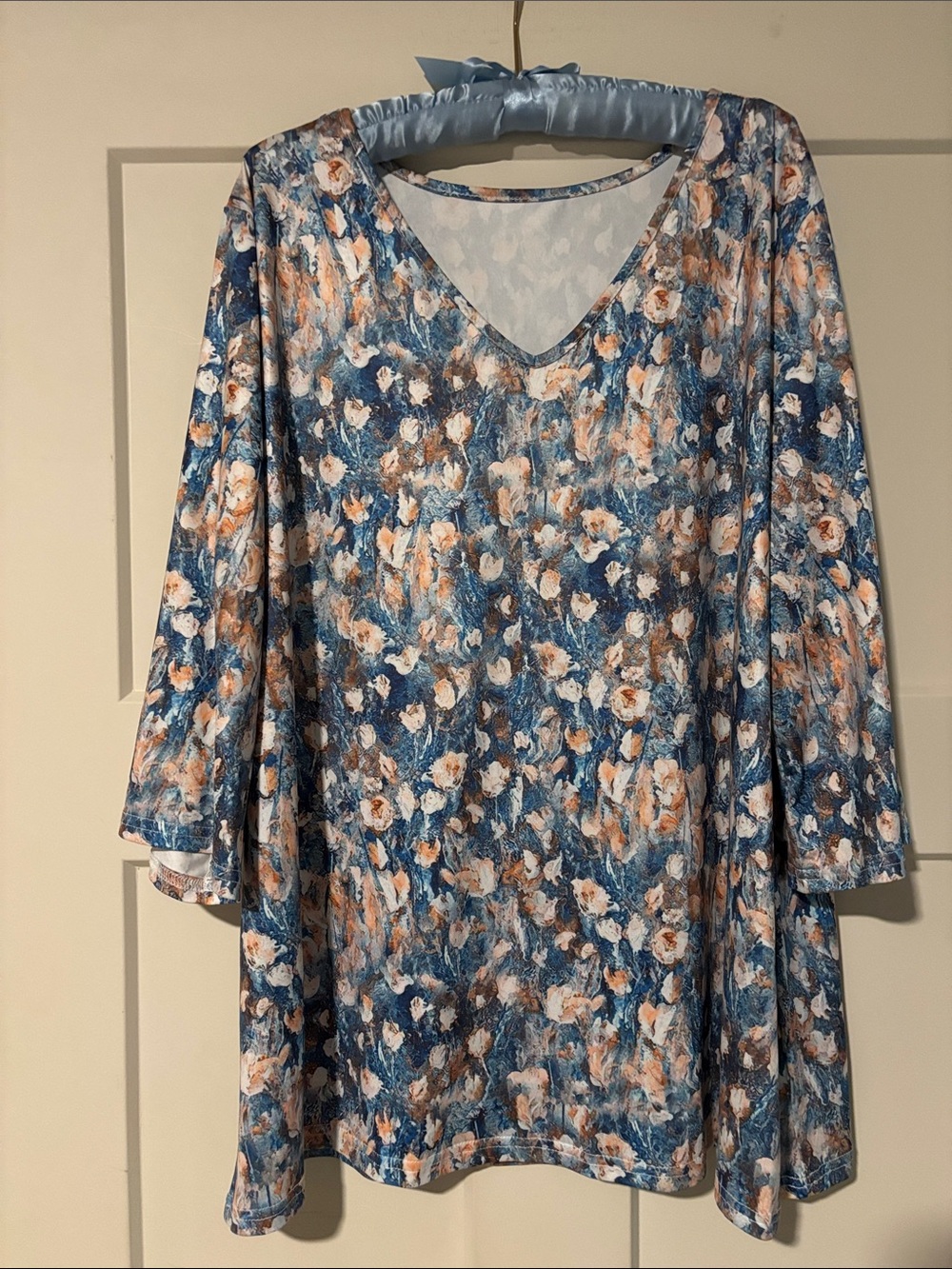 Floral V-Neck Swing Top - Blue & Cream